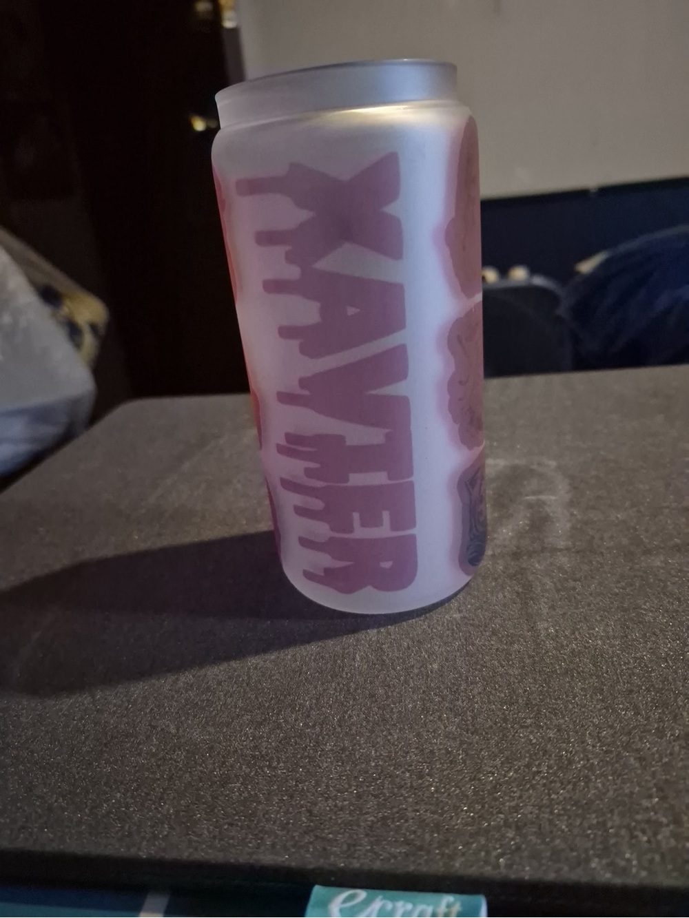 Custom made glass cup with wooden lid, comes with straw.